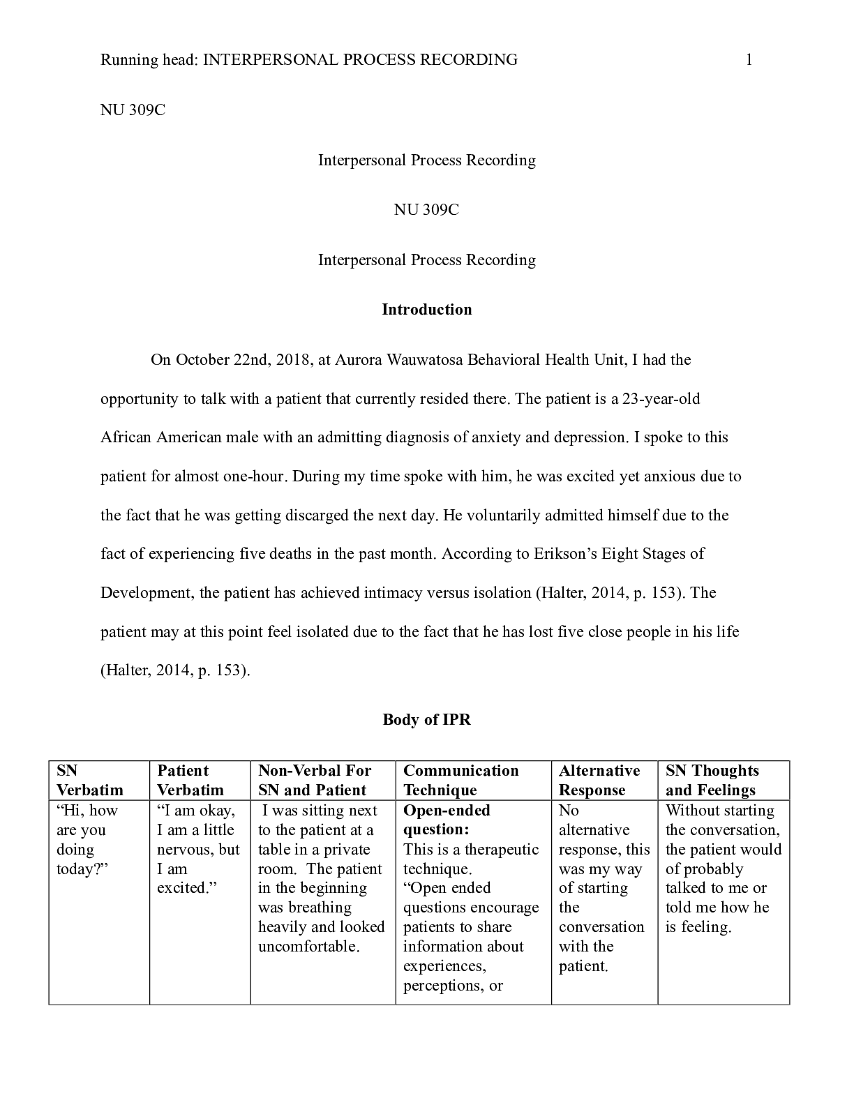 Preview image of Interpersonal Process Recording.docx  NU 309C  Interpersonal Process Recording  NU 309C  I document